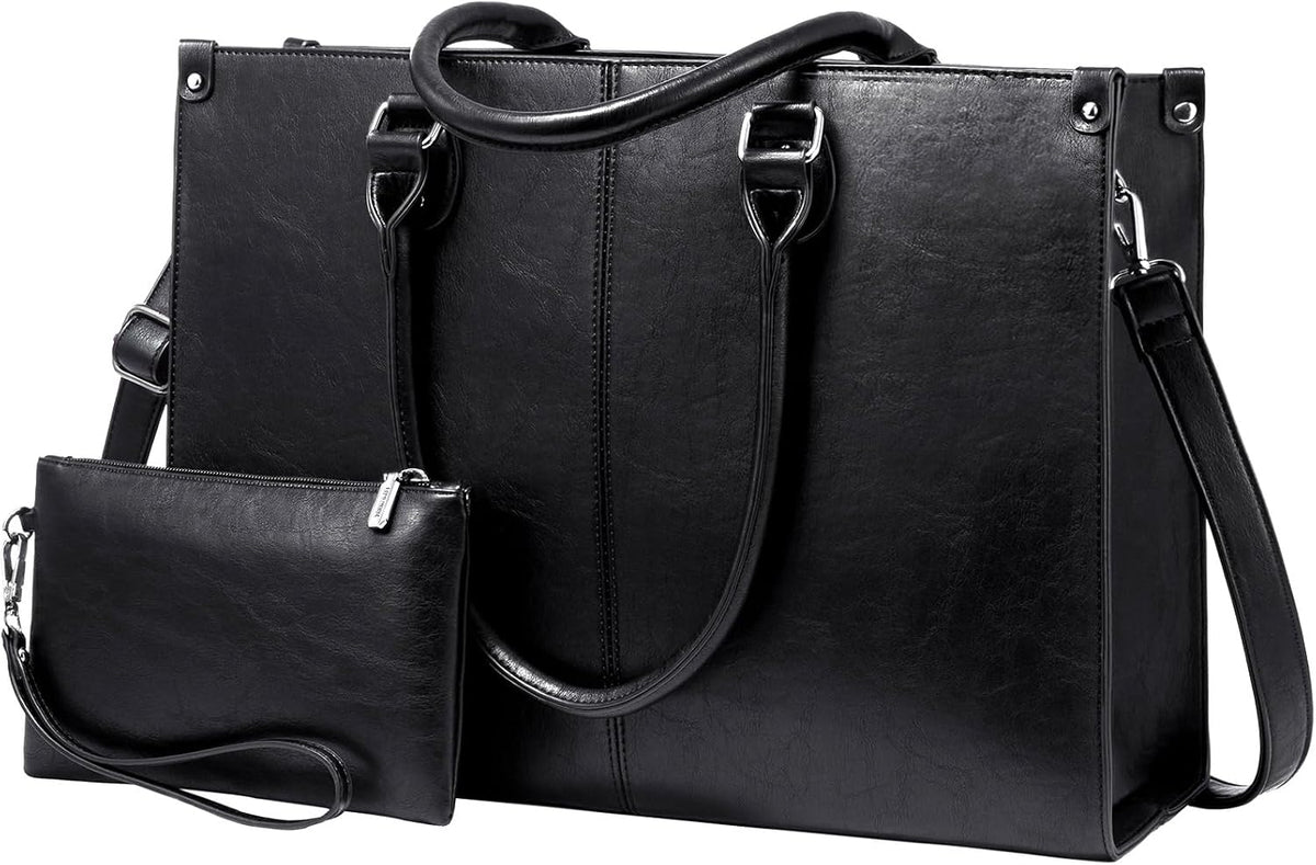 LOVEVOOK - Bolsa de mano para laptop para mujer, bolsa de trabajo profesional de 17.3 pulgadas con embrague a juego, bolsa de cuero vintage impermeable para computadora, oficina, viajes de negocios y uso diario, regalo para mujeres