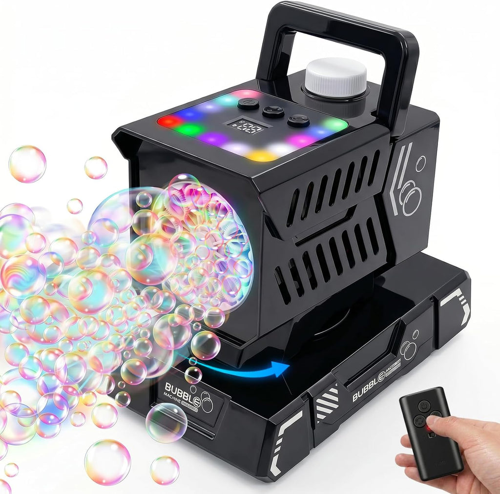 Máquina de burbujas recargable con control remoto, luces RGB y rotación automática