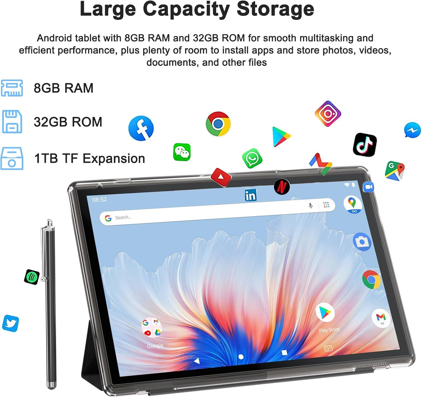 Tableta de 10 pulgadas Android 15 con funda, 6GB RAM+32GB ROM+1024G...