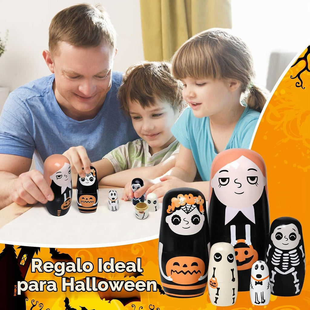 Muñecas anidables de Halloween, 5 muñecas rusas de 6 pulgadas de alto, Matryoshka hechas a mano para niños, juguetes apilables de madera para decoración de fiesta en casa de Halloween (niñas