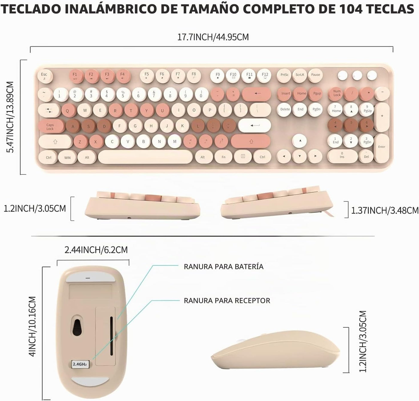 FOPETT Combo de teclado y mouse inalámbricos, 2.4G de tamaño comple...