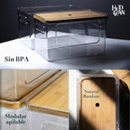 Dispensador de bolsas de basura acrílicas 2 en 1 debajo del fregadero, soporte para bolsas de basura con parte superior de bambú apilable para cocina, despensa, cuarto de servicio