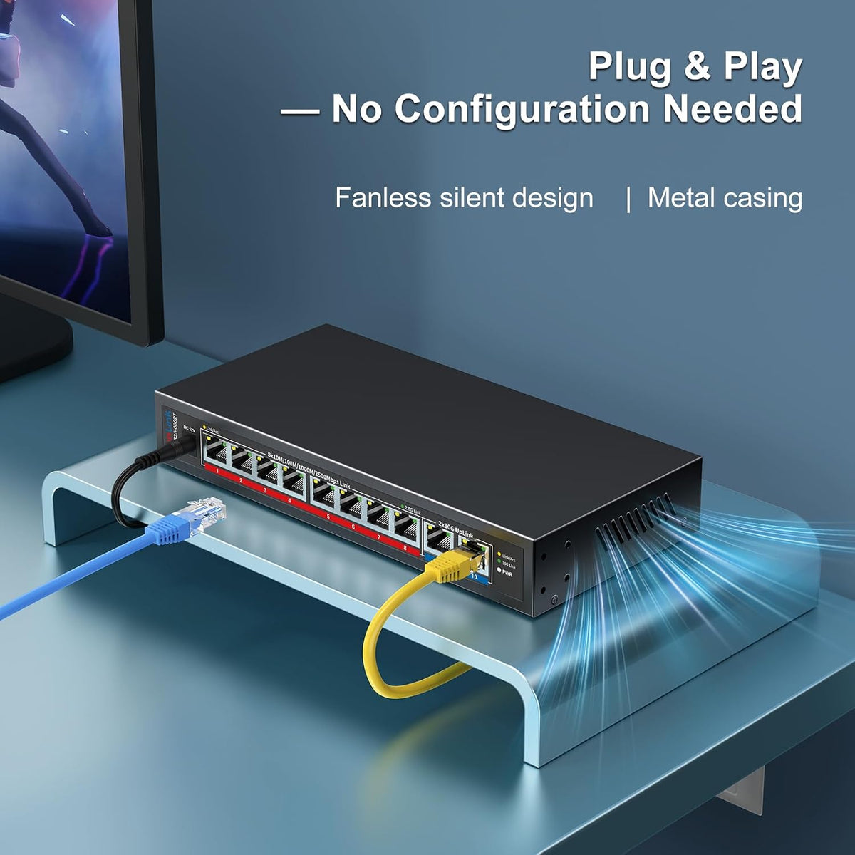 Conmutador Ethernet de 10 Gb con 8 puertos RJ45 de 2.5GbE + 2 puertos RJ45 de 10 GbE, interruptor de red multiGigabit VunLink de 10 puertos no administrado 2.5G/10G, Plug & Play, montaje en escritorio