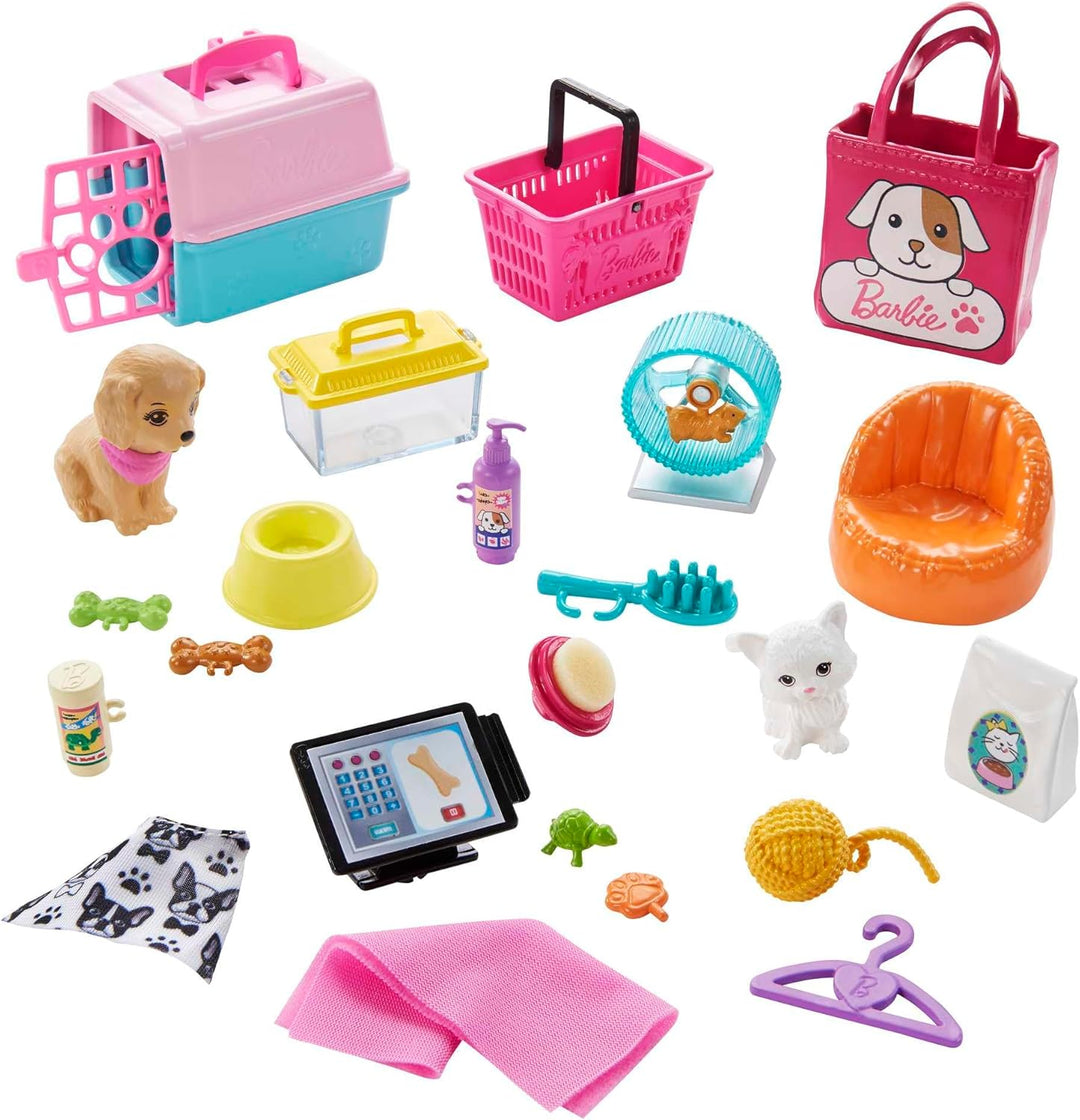 Barbie - Muñeca y set de juego de tienda de mascotas con 4