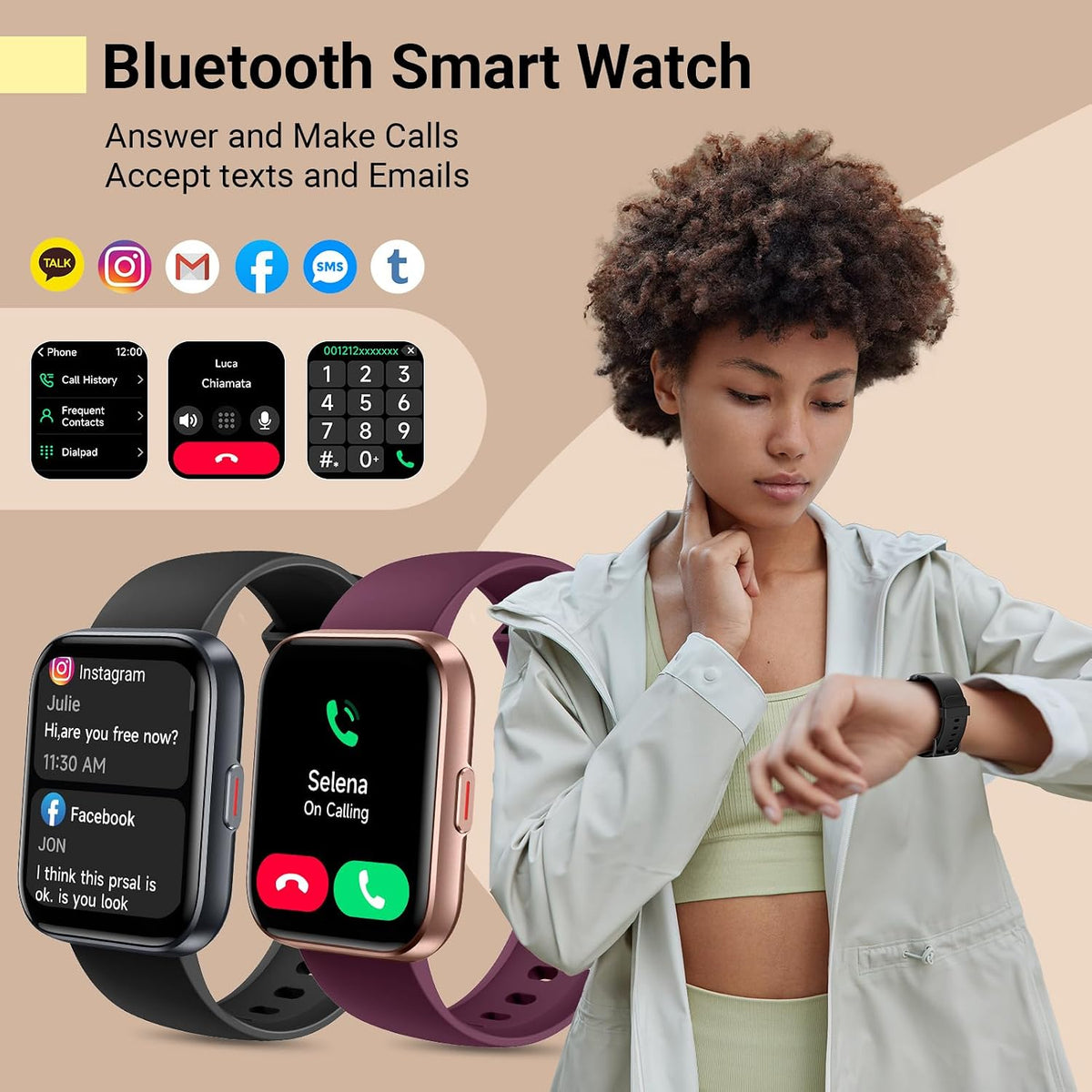 Reloj inteligente para mujeres/hombres, compatible con Android y iPhone, reloj de seguimiento de actividad física de 1.8 pulgadas con Alexa, alertas de llamadas y notificaciones, monitor de frecuencia