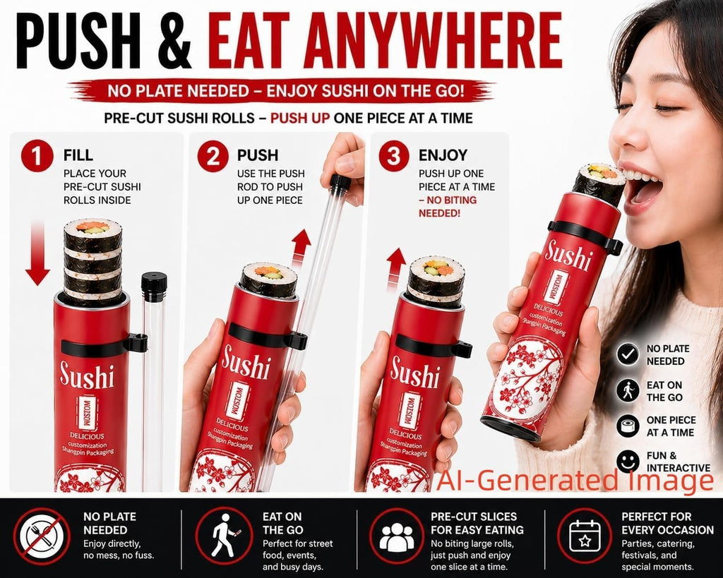 Tubo de sushi portátil, contenedor de sushi push-up, sin manos para comer sushi, soporte para rollo de sushi sobre la marcha con tubo de salsa para viajes, fiestas y comida para llevar (paquete