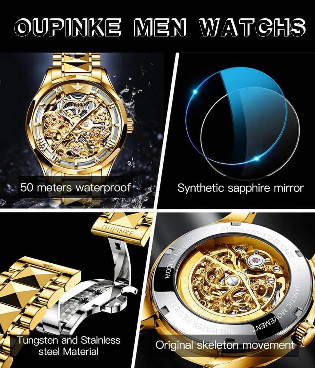 OLEVS Relojes automáticos para hombre esqueleto dorado acero inoxidable