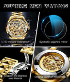 OLEVS Relojes automáticos para hombre esqueleto dorado acero inoxidable