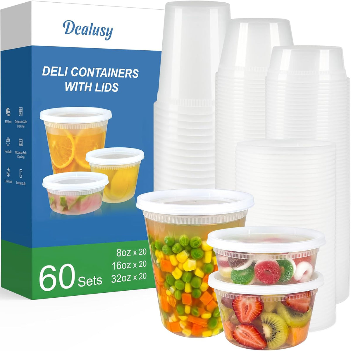 Dealusy Juego de 60 recipientes de delicatessen con tapas, 32/16/8 onzas x