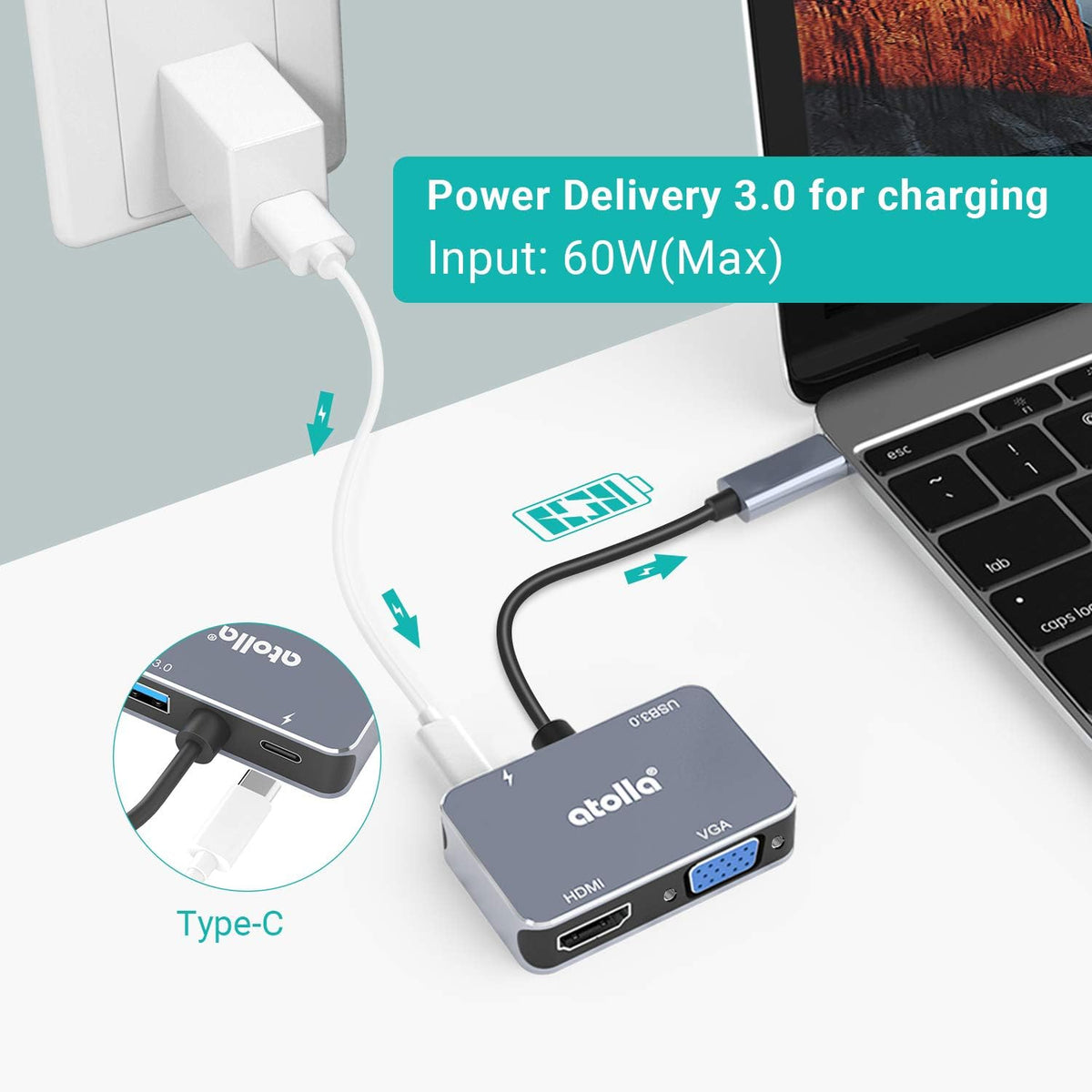 Atolla Adaptador USB C a HDMI 4K a 30Hz - Puertos de alta velocidad VGA y USB 3.0 de 1080P + PD de 60 W para MacBook Pro y más dispositivos tipo C