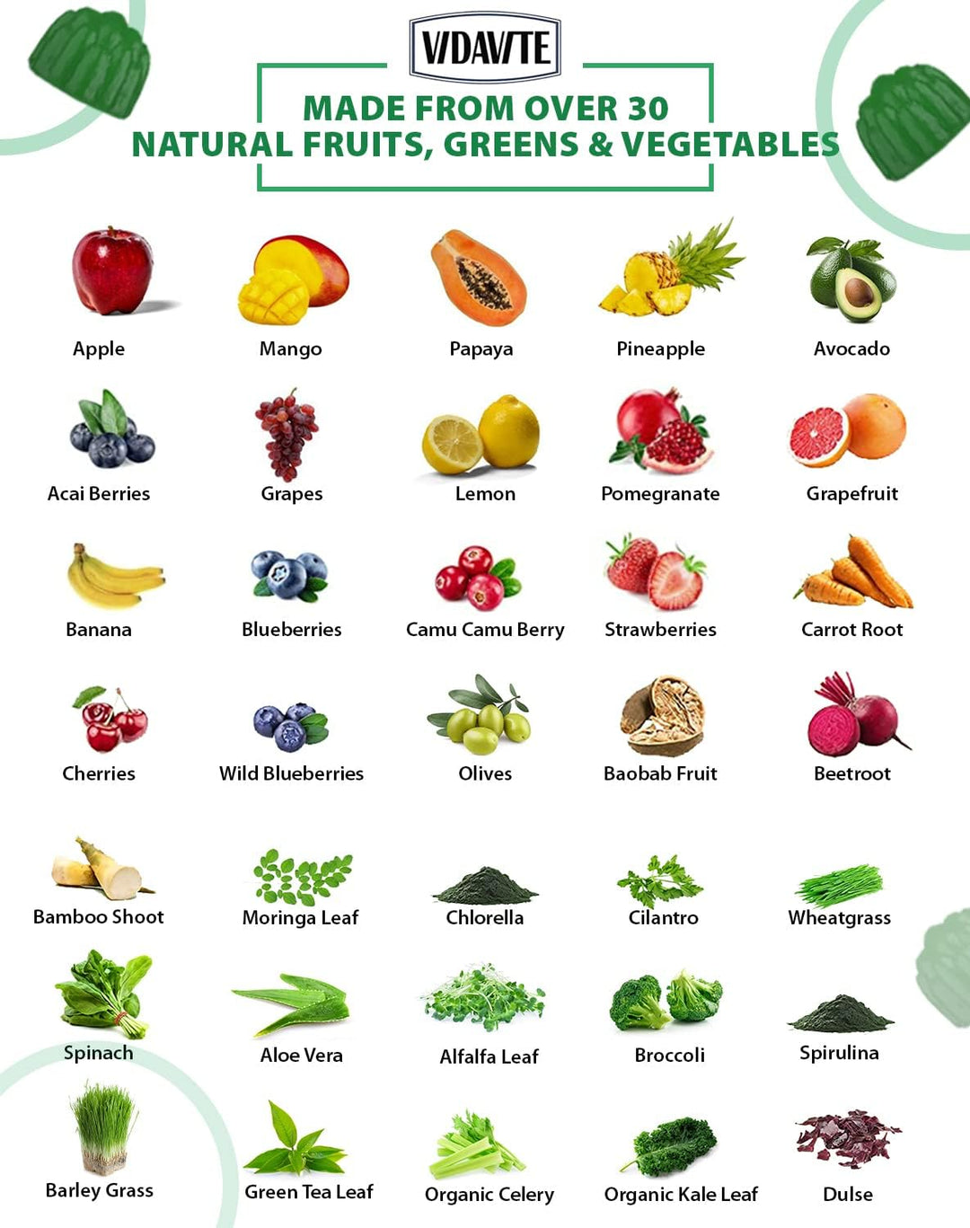 VIDAVITE Gomitas Super Greens sin azúcar, hechas en Estados Unidos,...