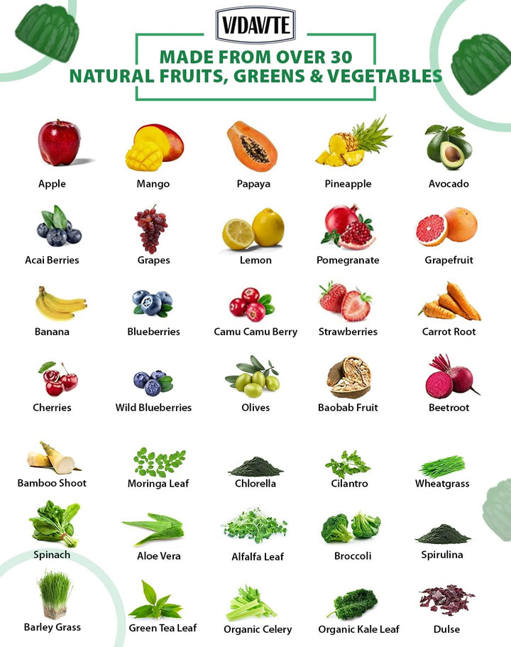 VIDAVITE Gomitas Super Greens sin azúcar, hechas en Estados Unidos,...