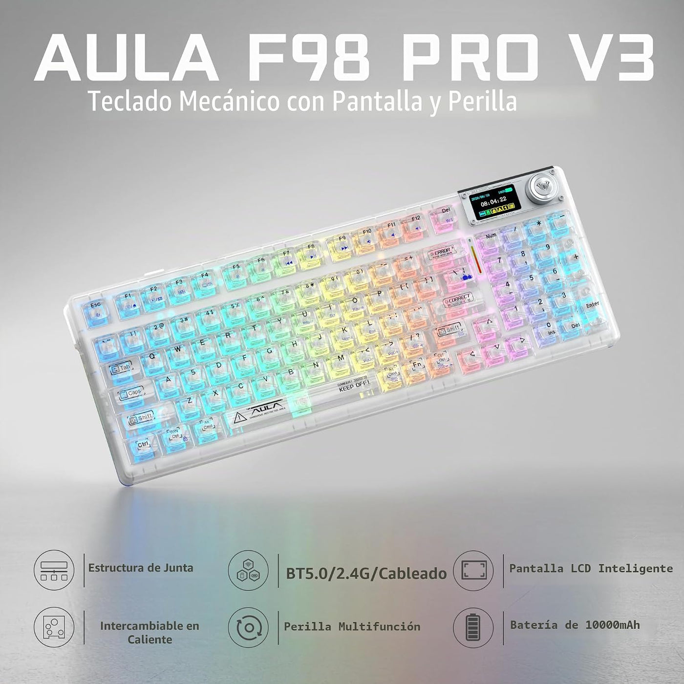 Aula F98Pro V3 - Teclado mecánico inalámbrico con pantalla y perill...