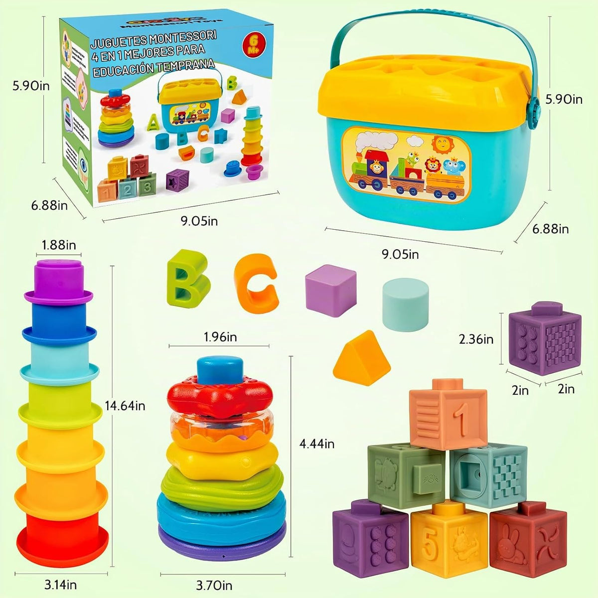 Montessori - Juguete para bebés de 6 a 12 meses, bloques apilables, clasificador de formas de juguete