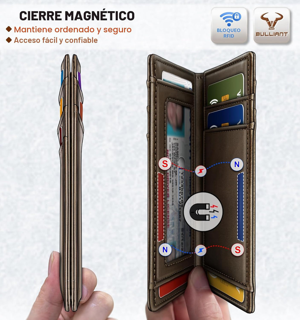 BULLIANT Billetera delgada de cuero para hombre 12 tarjetas cierre magnético bloqueo RFID