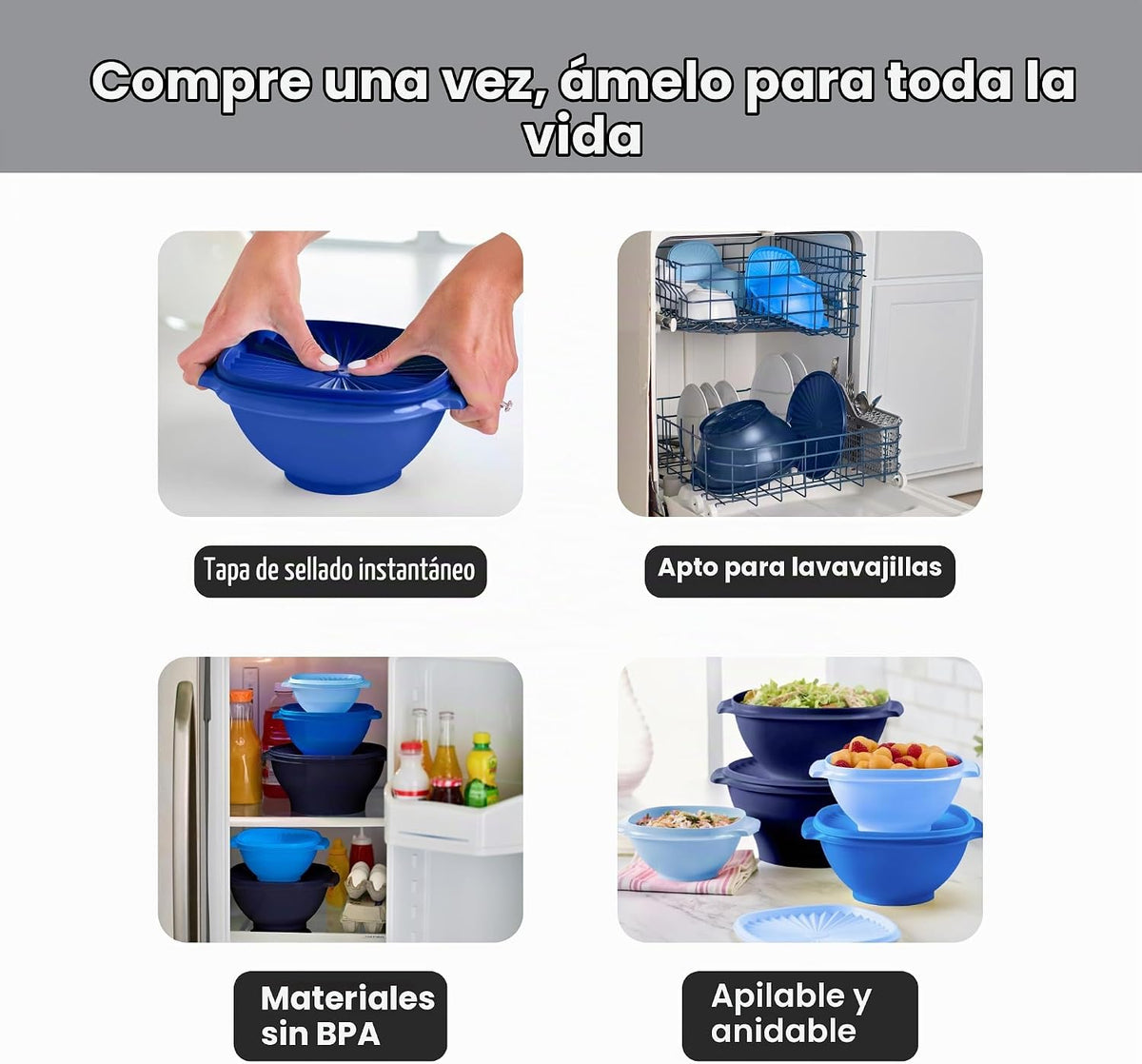 Colección Heritage de Tupperware, nuevo juego de 10 piezas de recipientes para almacenamiento de alimentos en azul vintage, apto para lavavajillas y sin BPA (5 tazones, 5 tapas)