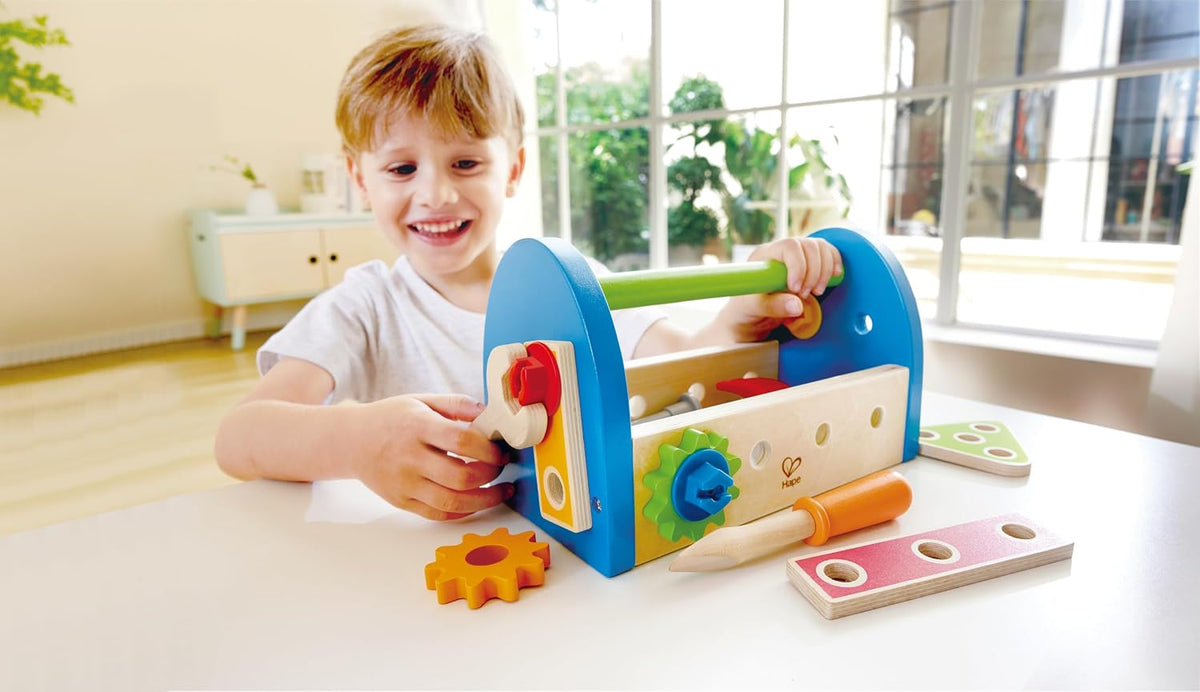 Caja de herramientas Hape de madera del niño y juego de accesorios
