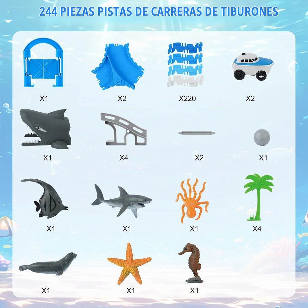 Pistas de carreras flexibles con temática oceánica para niños, regalo de cumpleaños para niños de 3, 4, 5, 6, 7 años, más de 240 piezas, juego de pista de automóvil construible con túnel de