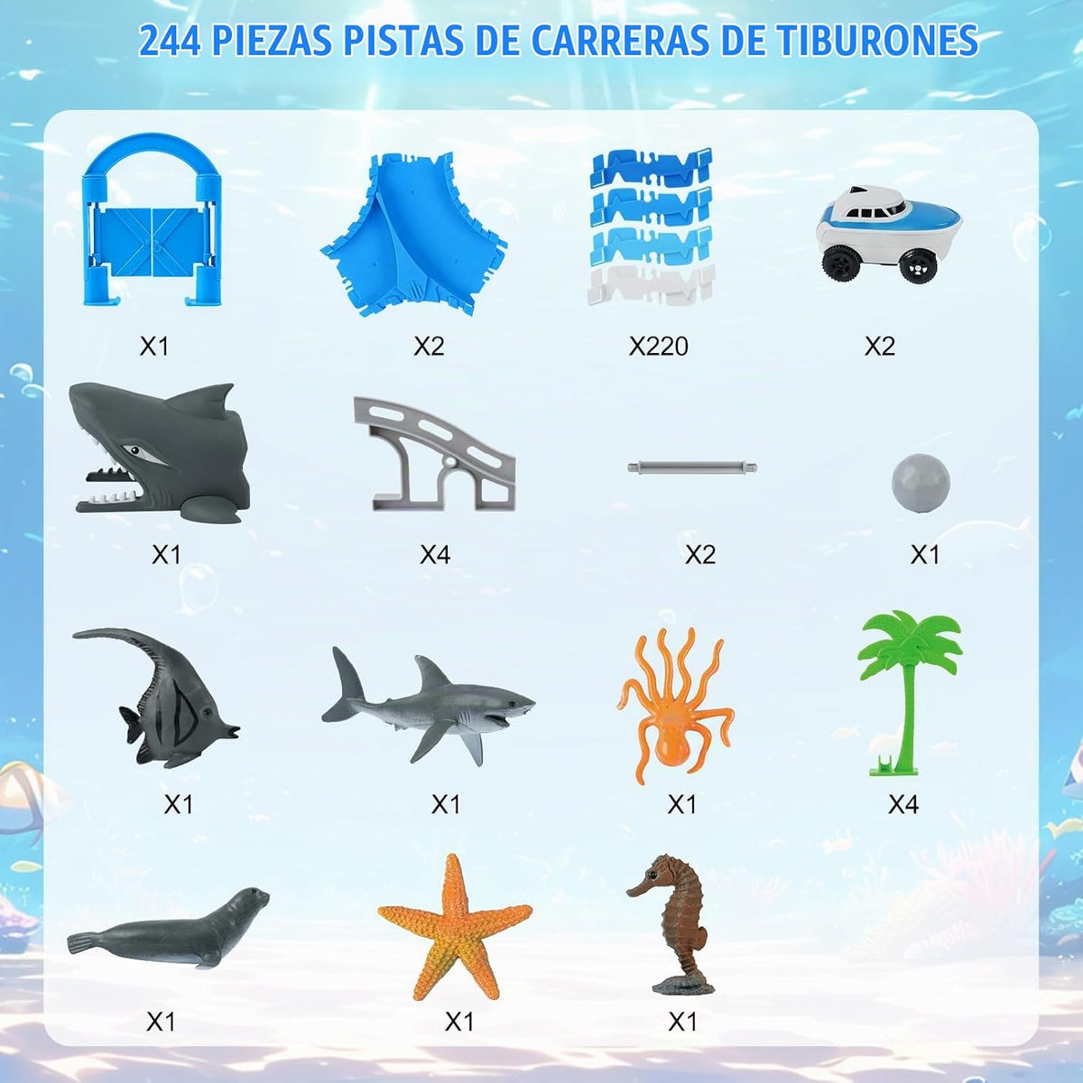Pistas de carreras flexibles con temática oceánica para niños, regalo de cumpleaños para niños de 3, 4, 5, 6, 7 años, más de 240 piezas, juego de pista de automóvil construible con túnel de