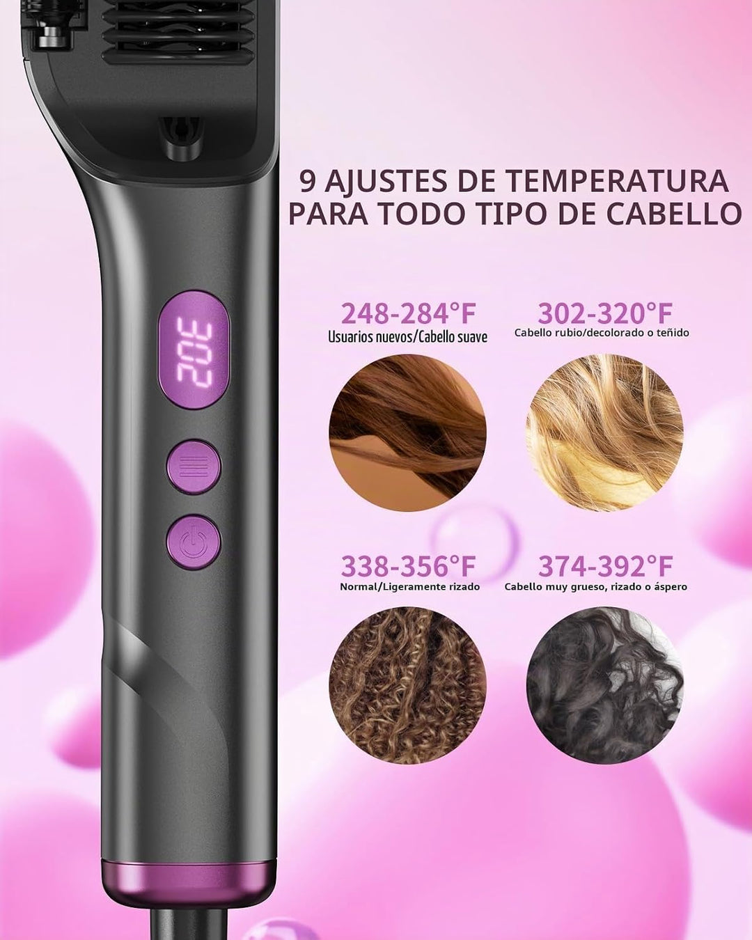 Cepillo alisador de cabello, aceite caliente, peine iónico de 9 tem...