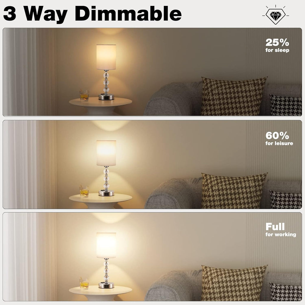 Lámpara Lámparas de cristal táctiles para mesitas de noche de dormitorios con puerto de carga USB C+A y toma de corriente AC, blancas, regulables de 3 niveles, plateadas, lámpara pequeña de mesa lateral para