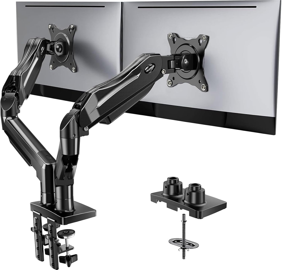 HUANUO FlowLift™ Soporte para monitor doble, soporte de escritorio para monitor de juegos totalmente ajustable para pantallas de computadora de 13 a 32 pulgadas, VESA de movimiento completo de 75 x 75/100 x 100 con abrazadera en C y base de ojales, cada b