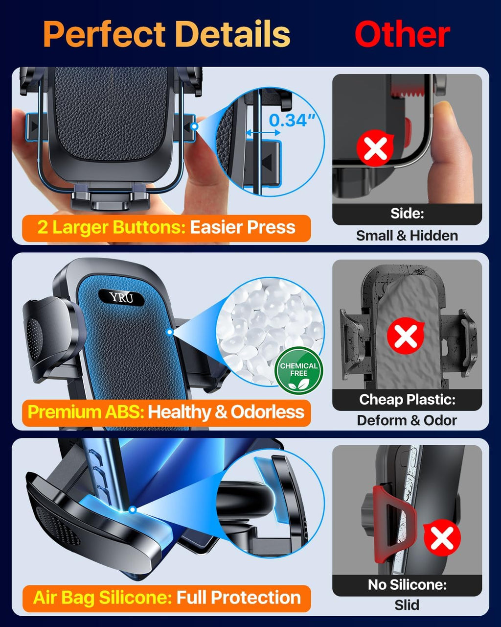 YRU【Soporte de teléfono para automóvil de seguridad de grado militar y certificados de patente con rotación de 360°】 100 + libras de fuerte succión y clip: soporte para teléfono celular para