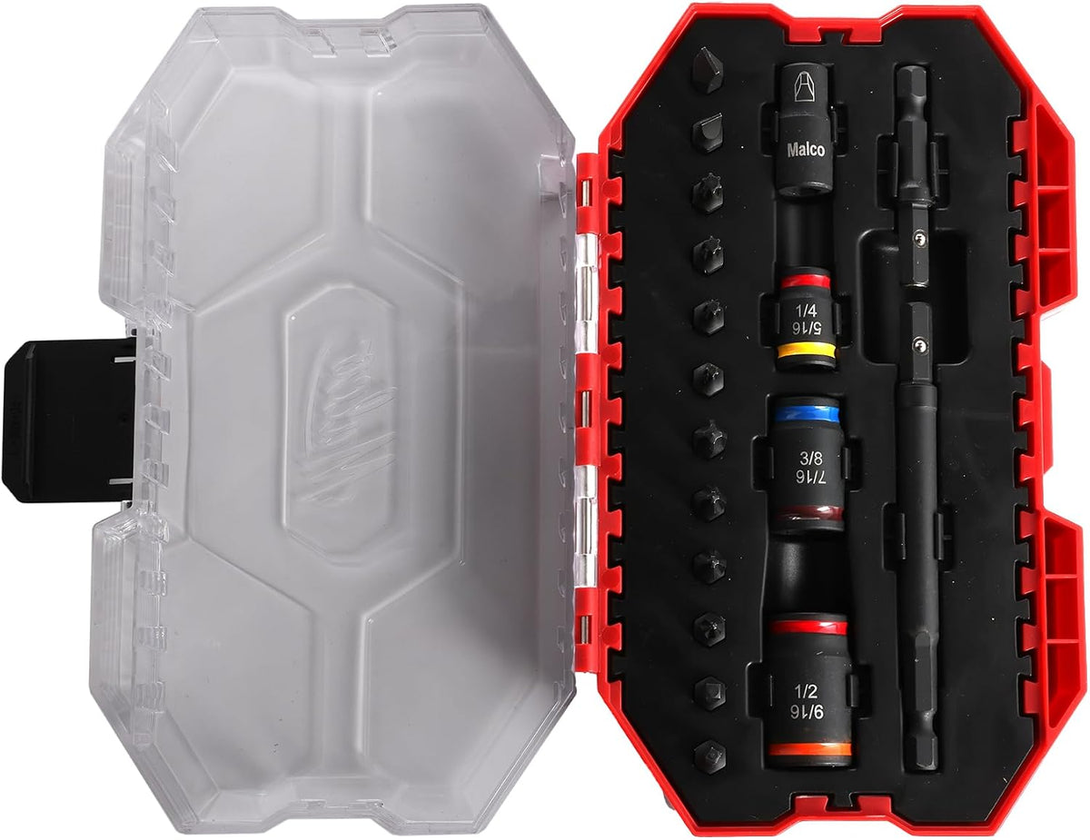Malco KITCRB C-RHEX Juego de instalación de dados con estuche premium - Tamaños hex reversibles limpiables (1/4"-9/16"), 2 ejes magnéticos, 12 puntas resistentes a impactos