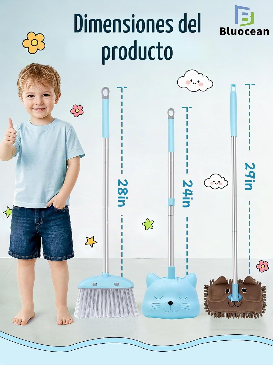 Juego de mini escoba para niños de 28 pulgadas con recogedor y trapeador, juguete de limpieza para niños pequeños, ayudante del hogar para niños, herramienta de limpieza interactiva para padres e