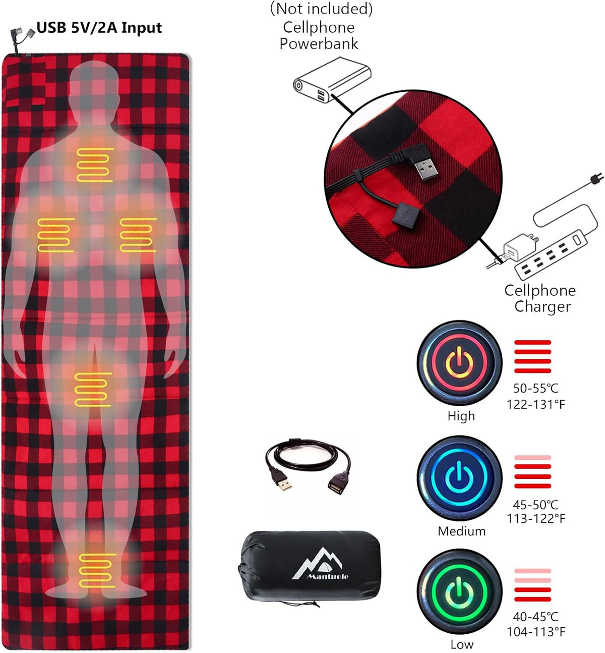Manta/Almohadilla para dormir calefactada 5V/2A USB (Batería NO incluida).