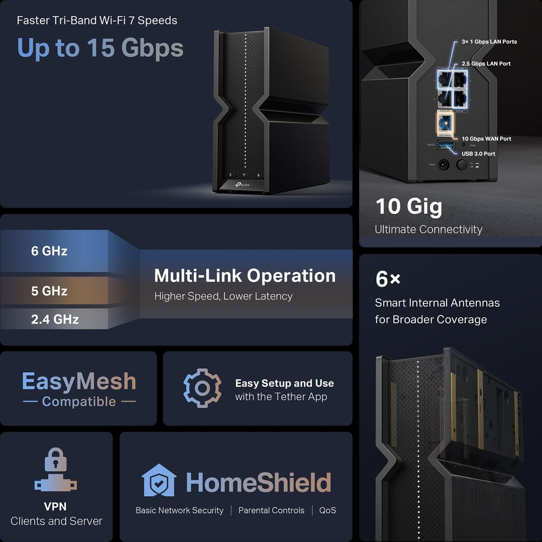 TP-Link Enrutador WiFi 7 de Tres Bandas Archer BE700 BE15000 | 8 Fl...