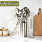 Juego de utensilios de cocina de acero inoxidable – Juego de utensilios de cocina de 12 piezas con soporte, juego de herramientas de cocina resistentes al calor para cocinar con volteadores