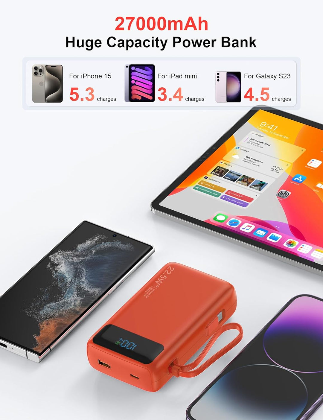 Cargador portátil, 27000 mAh 22.5 W, cargador de batería de carga r...