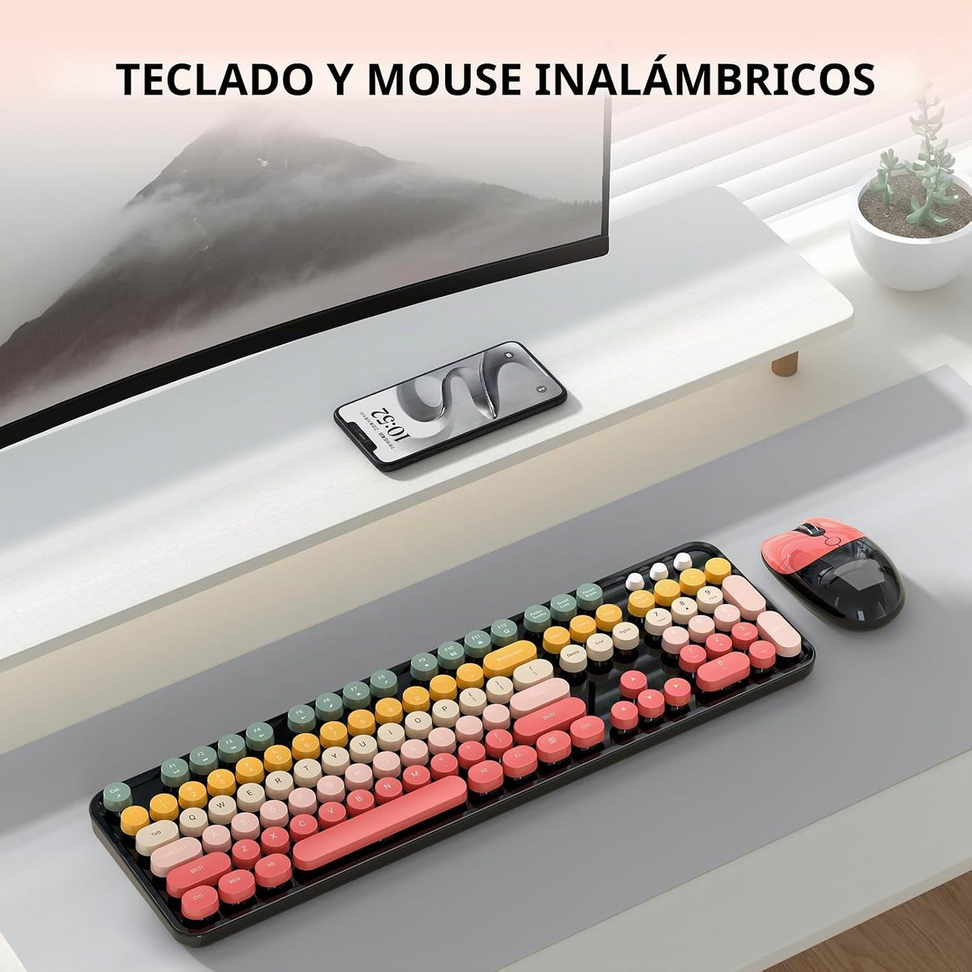 Teclado y ratón inalámbricos, MOFII 104 teclas redondas máquina de...