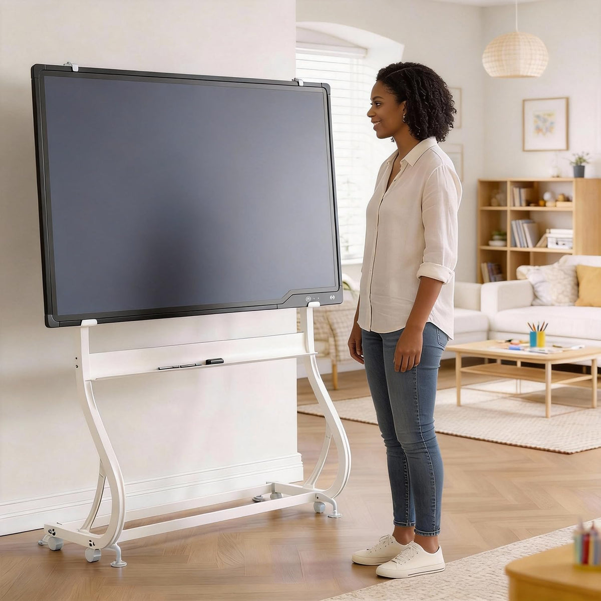 Pizarra de escritura móvil LCD con soporte, pizarra blanca rodante de 50 x 34 pulgadas sobre ruedas, pizarra blanca portátil con mensajes para oficina, hogar, exteriores, altura ajustable de