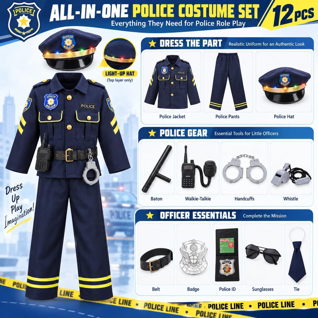 Disfraz de policía para niños, disfraz de policía para el día de la carrera, Halloween, cumpleaños, disfraces para niños de 3 a 12 años