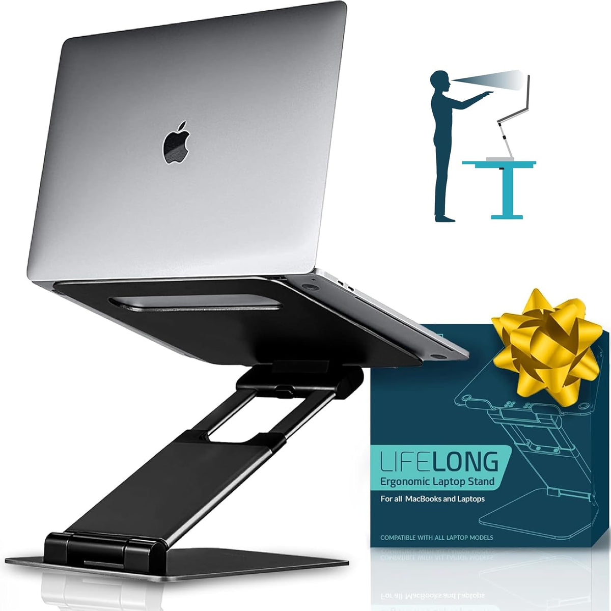 Lifelong Aluminum Adjustable Laptop Stand, Extra Tall 20" Riser, negro