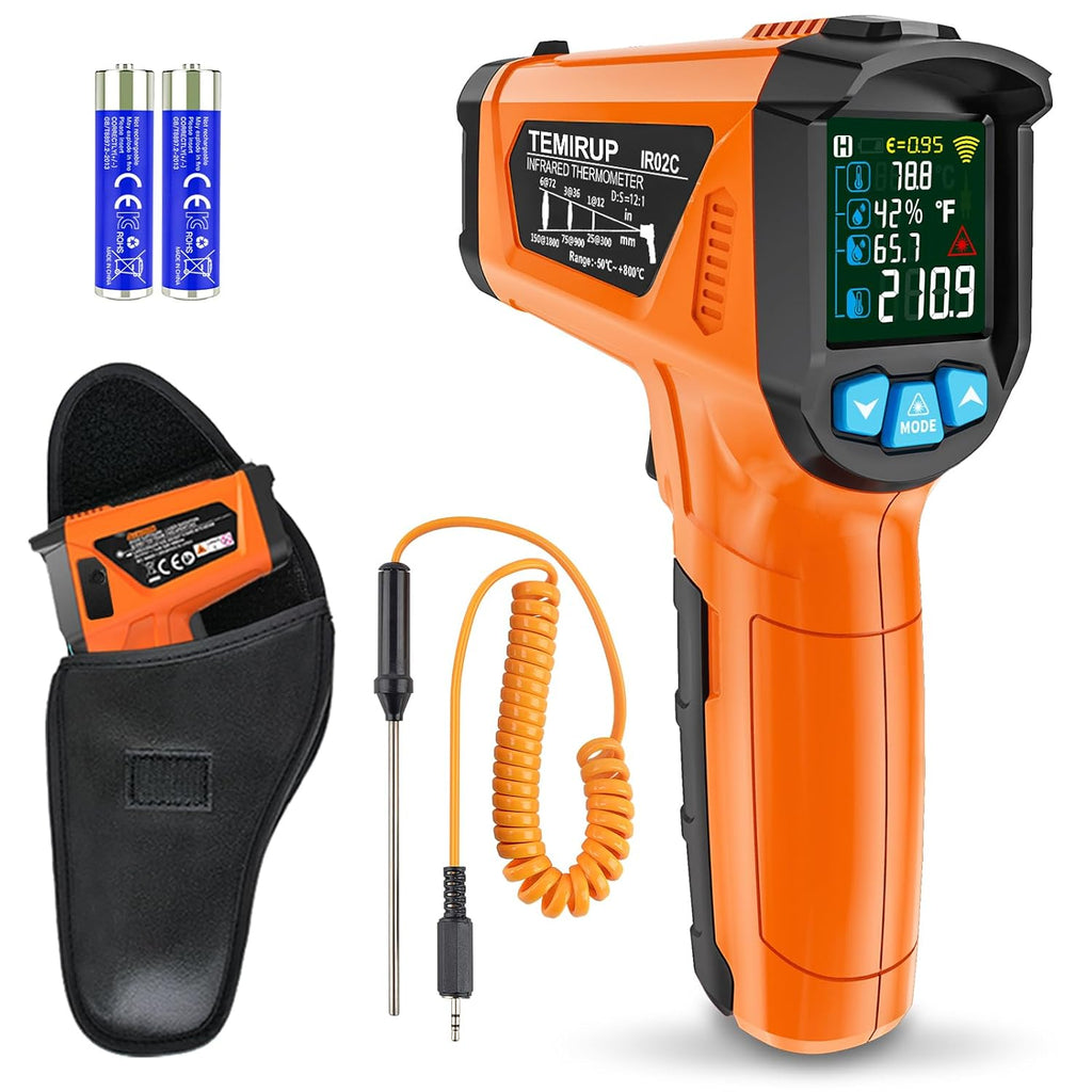 Pistola de termómetro infrarrojo, termómetro láser digital sin contacto, pistola de temperatura con LCD a color para cocinar, HVAC, reparaciones domésticas, medición de humedad