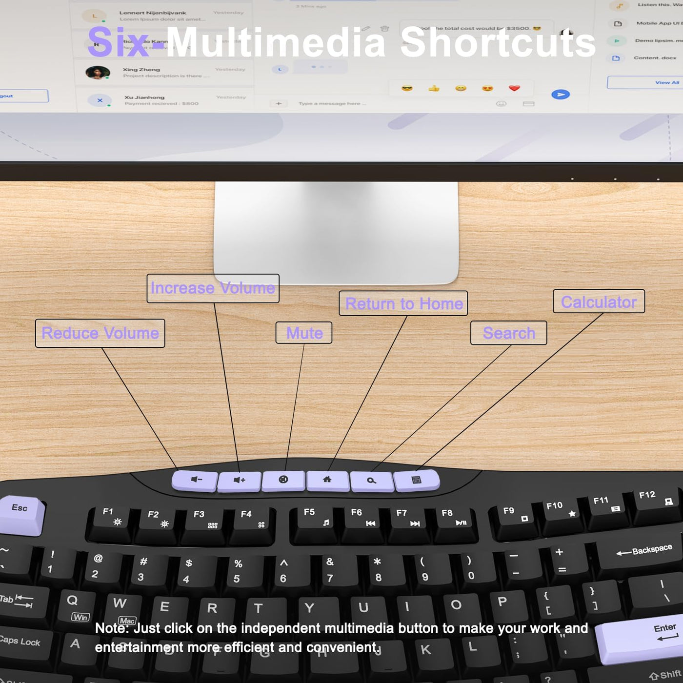 Combo de teclado y mouse inalámbricos, teclado ergonómico con 6 tec...