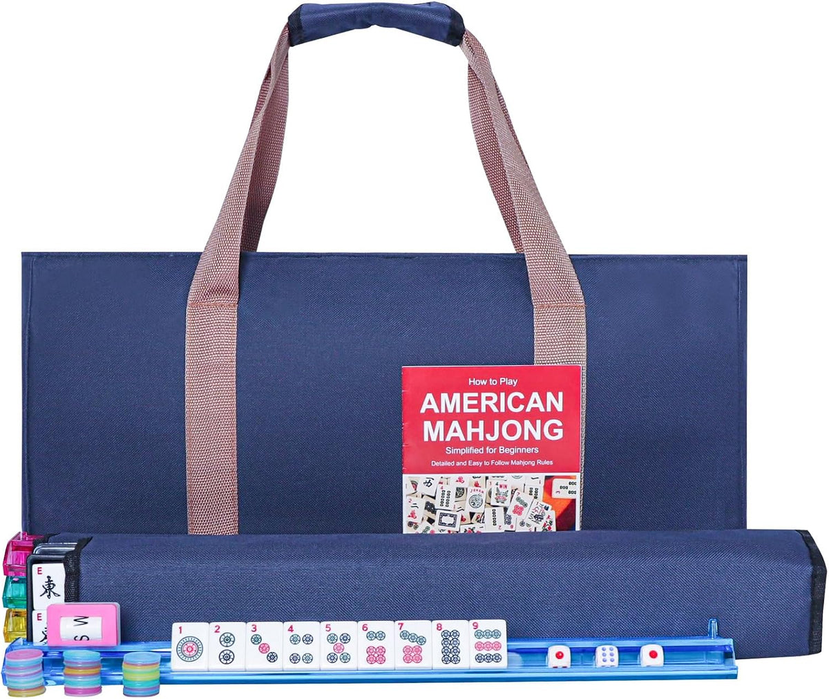 Juego de Mahjong Americano GUSTARIA, 166 Azulejos Blancos Premium, 4 Estantes/Empujadores de Color Todo-en-Uno, Juego de Mahjong Completo con Bolsa de Transporte Azul