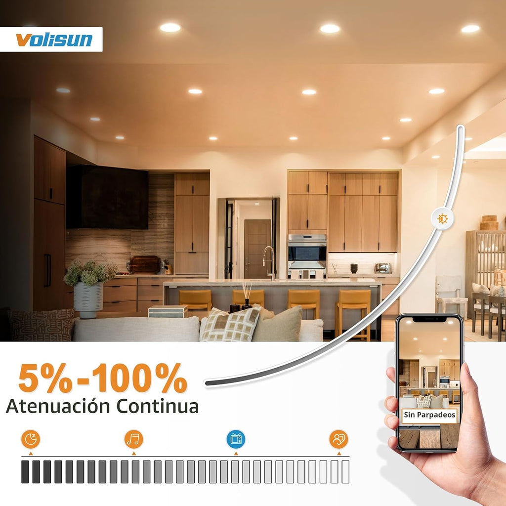 Lámpara VOLISUN 48 paquete de luces empotrables de 6 pulgadas, 5CCT, luz LED ultradelgada con caja de conexiones, 2700K-5000K seleccionable, luz de techo de 1080 lúmenes regulable sin lata, luz LED de techo