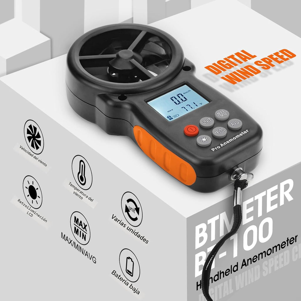 BT-100 Anemómetro de mano, medidor digital de velocidad del viento CFM probador medidor de velocidad de flujo de aire para dron de filmación HVAC, sensación térmica, temperatura del viento de