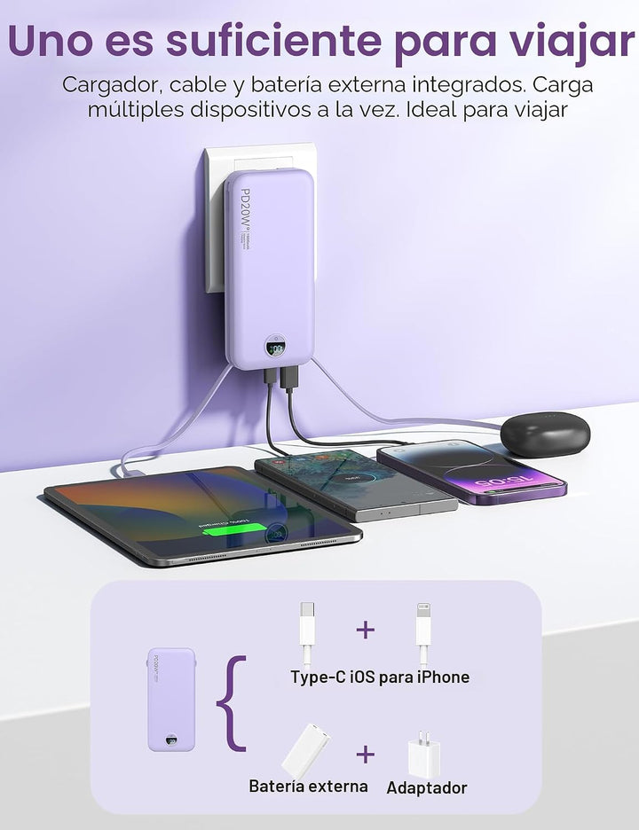 Cargador portátil, 12000 mAh, 22,5 W, USB C, carga rápida, con cabl...