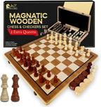 Juego de ajedrez magnético con damas, juegos de ajedrez de madera plegables de 15 pulgadas (2 en 1) para adultos y niños con 2 reinas adicionales, juego de mesa de ajedrez de viaje con ranuras de almacenamiento de piezas de ajedrez, regalo de lujo con
