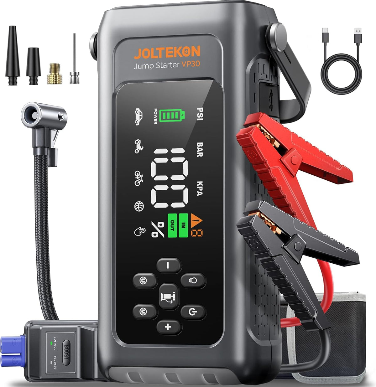 Arrancador de batería de coche con compresor de aire 4500A 150PSI, arrancador de coche portátil (9L de gasolina/8L diesel), batería de coche con inflador de neumáticos de apagado automático, cables de puente y luz