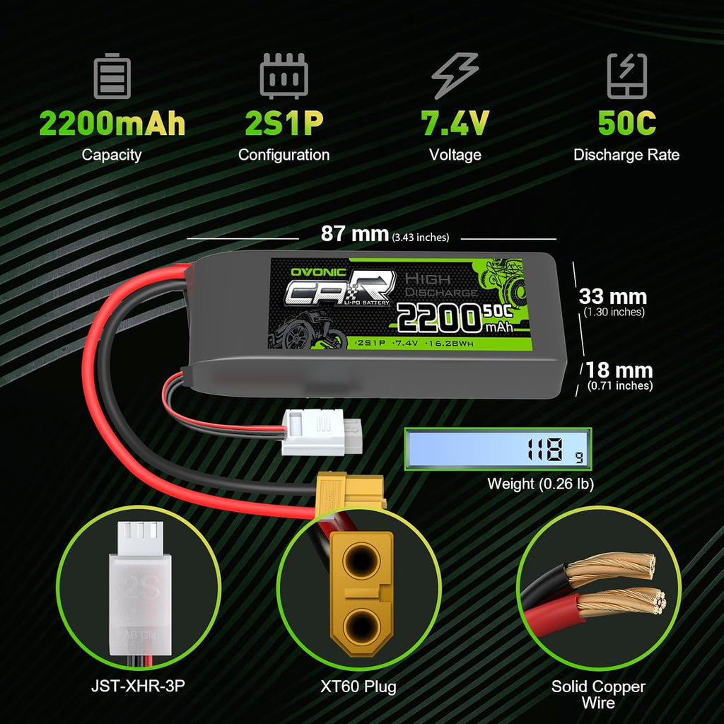 OVONIC 7,4V Lipo 2200 mAh 50C 2S Batería Lipo con enchufe XT60+TRA...