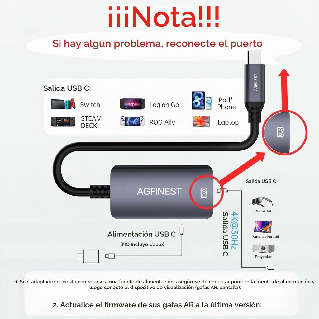 Adaptador de gafas USB C a AR Adaptador de alimentación y juego para gafas