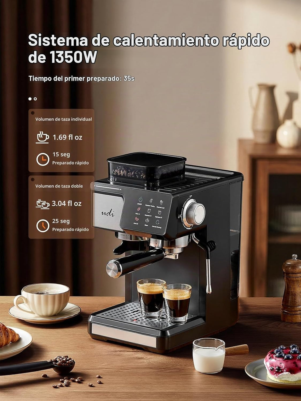 UDI Máquina de café expreso de 20 bar con 20 ajustes de molienda