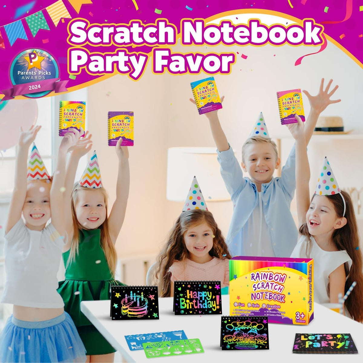 Recuerdos de fiesta para niños 4-8-12: Paquete de 36 manualidades Rainbow Scratch Art