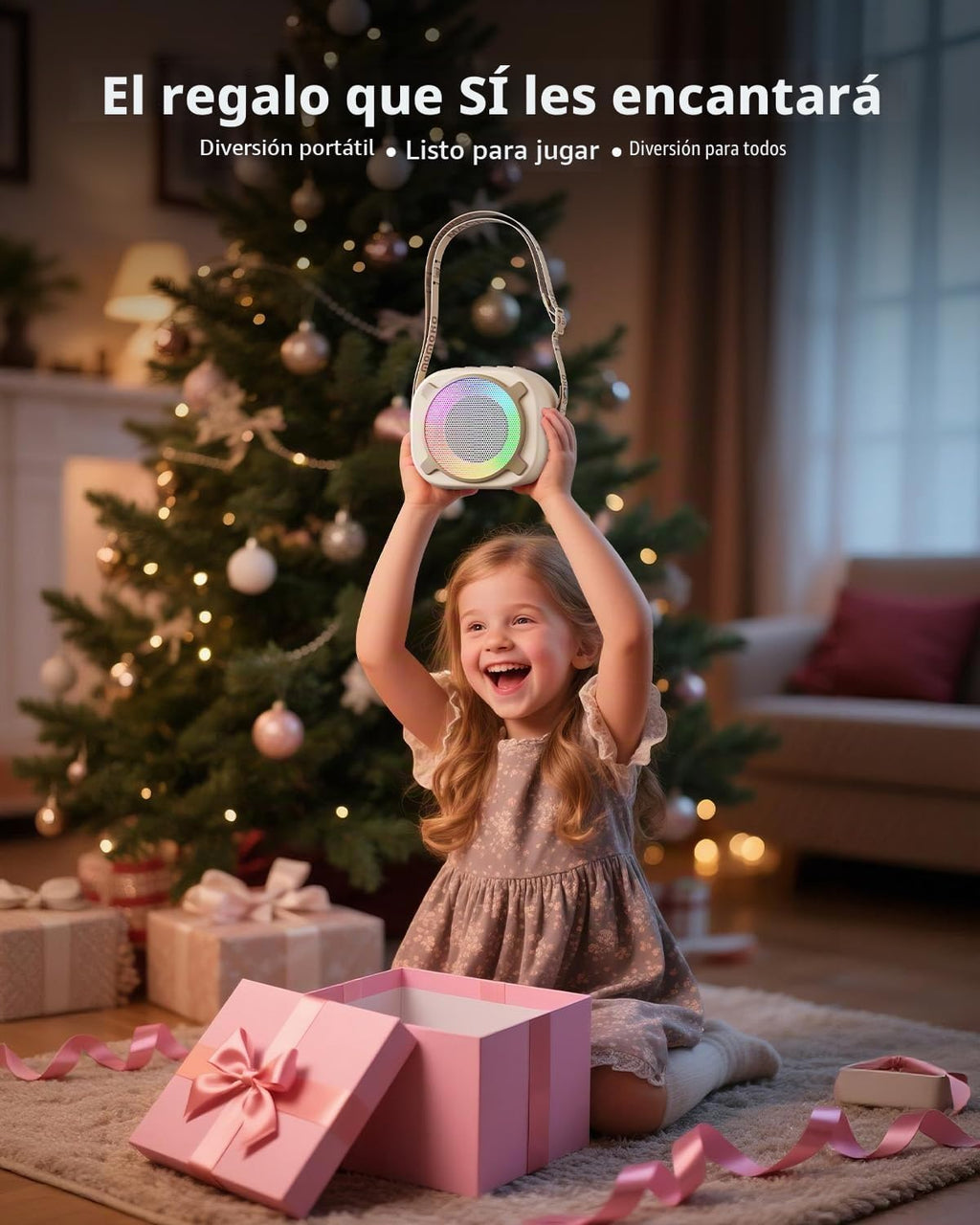 Mini máquina de karaoke con altavoz Bluetooth portátil con 2 micrófonos inalámbricos y luces de fiesta para niñas y niños, regalos de cumpleaños para fiestas familiares (vainilla)